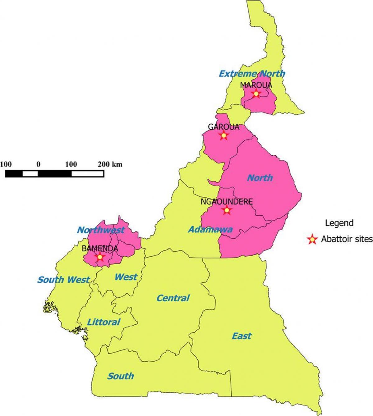 Camerún mostrando las regiones mapa